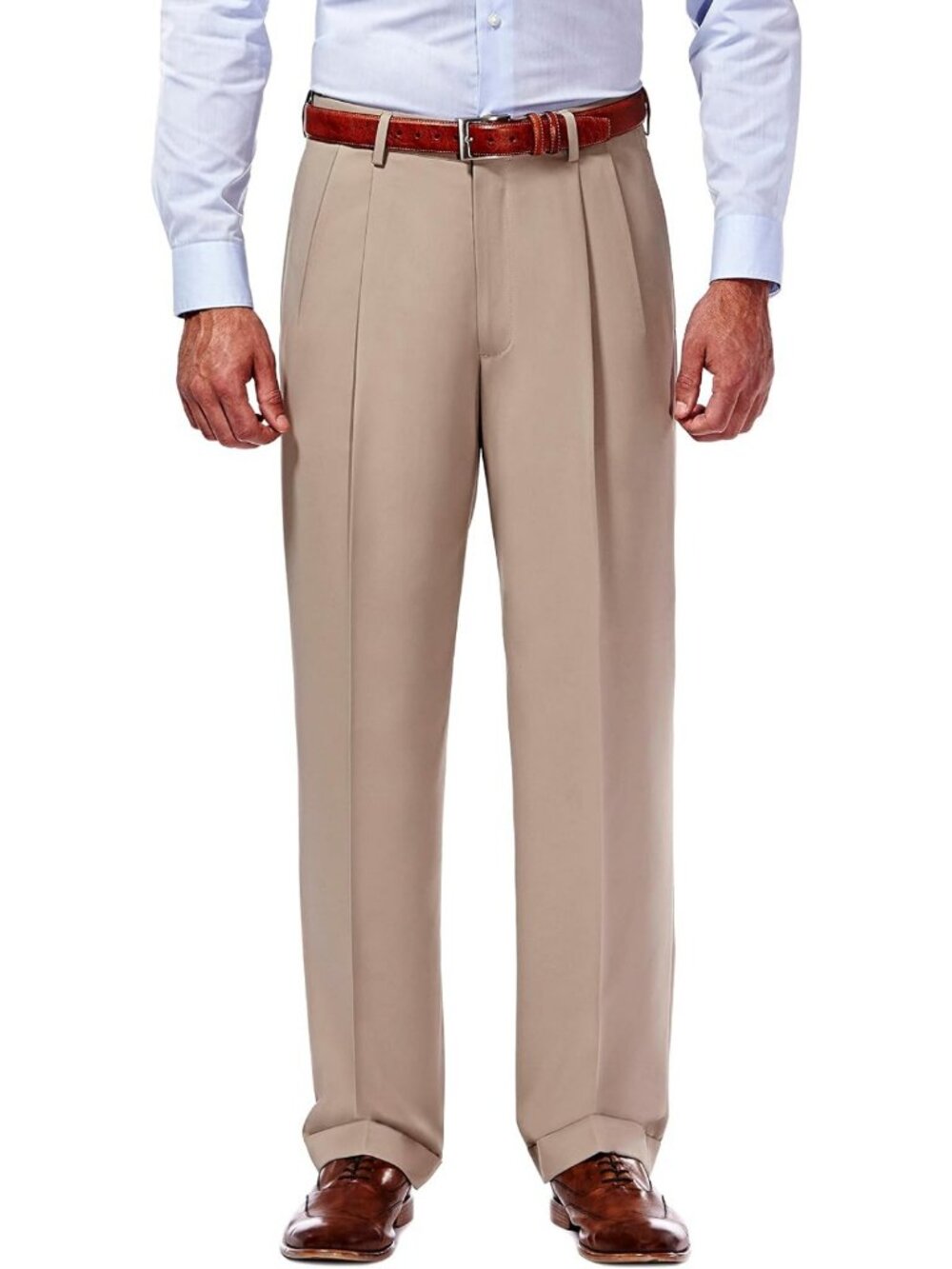 Men's Classic Fit Pleated Dress Pants with Hidden Expandable Waistband